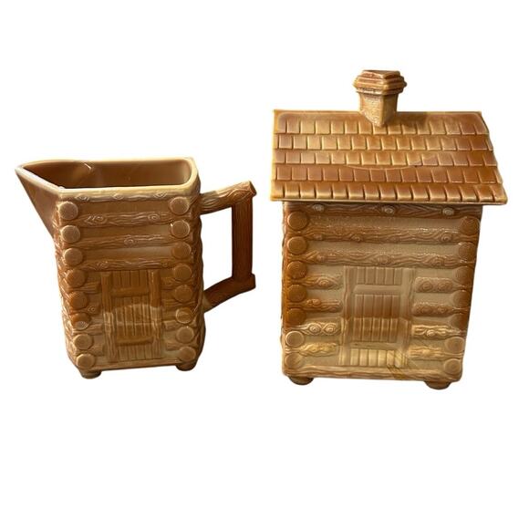 Mosser Glass Log Cabin Creamer Sugar Vintage Chocolate Slag Glass Caramel 1970s - Picture 1 of 9